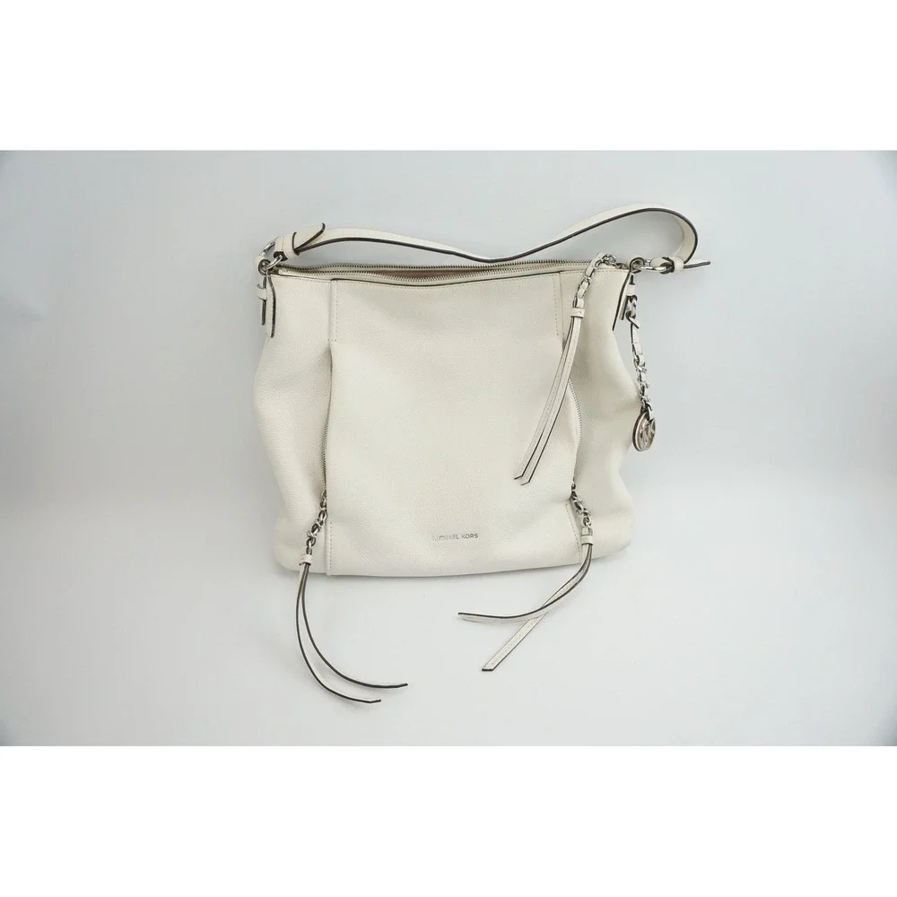 Michael Kors Shoulder Bag White Hobo Tote Pebbled Leather Silver Hardware Good